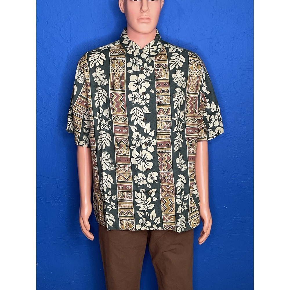 Vintage Woolrich Hawaiian Shirt Tribal Floral Print Green Button Up Aloha XL